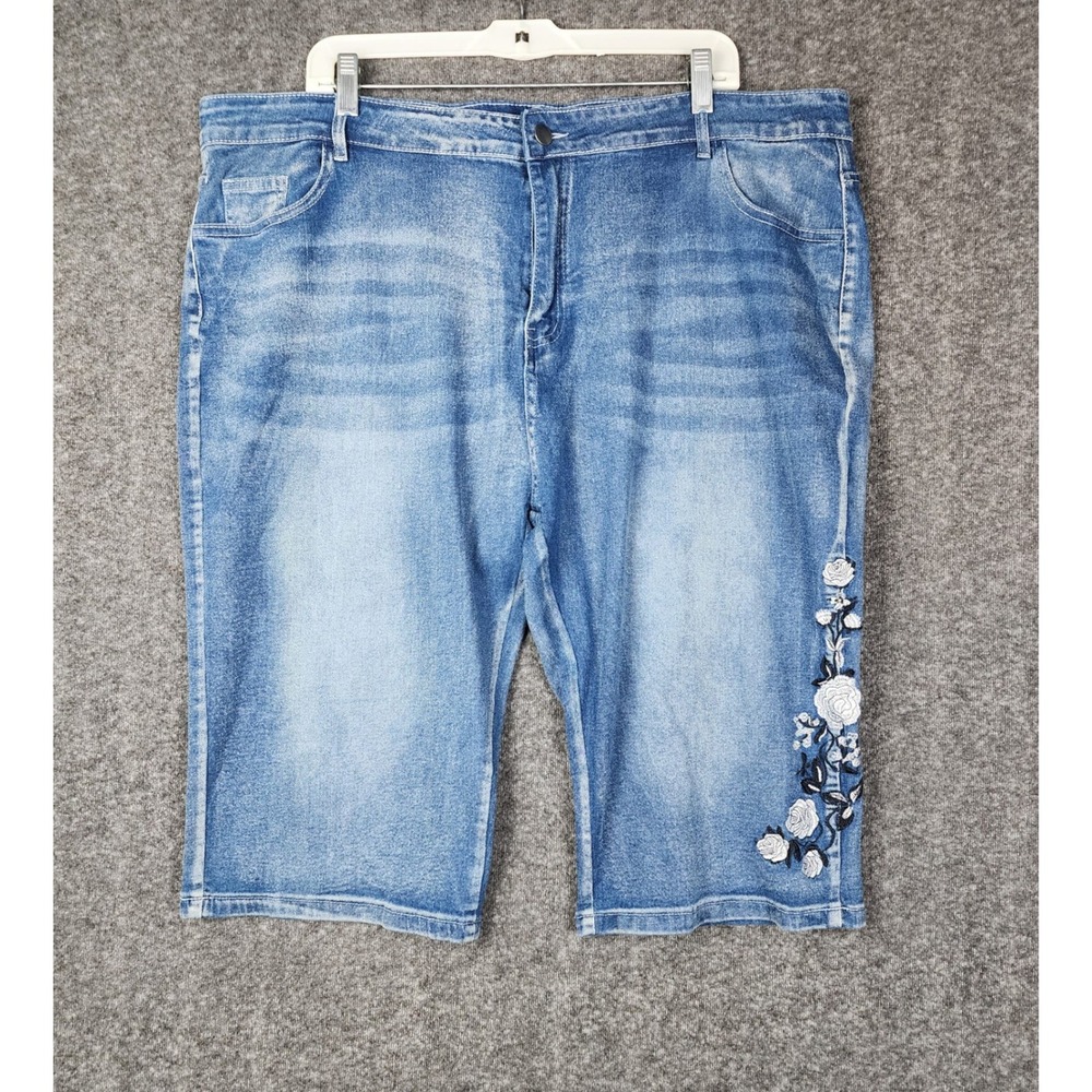 Shiranna Clothing Denim Bermuda Shorts Women 5XL Blue Floral Embroidered Stretch